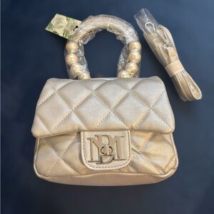 Badgley Mischka Mini Flap Quilted Faux Pearl Handbag in Metallic Grey NWT